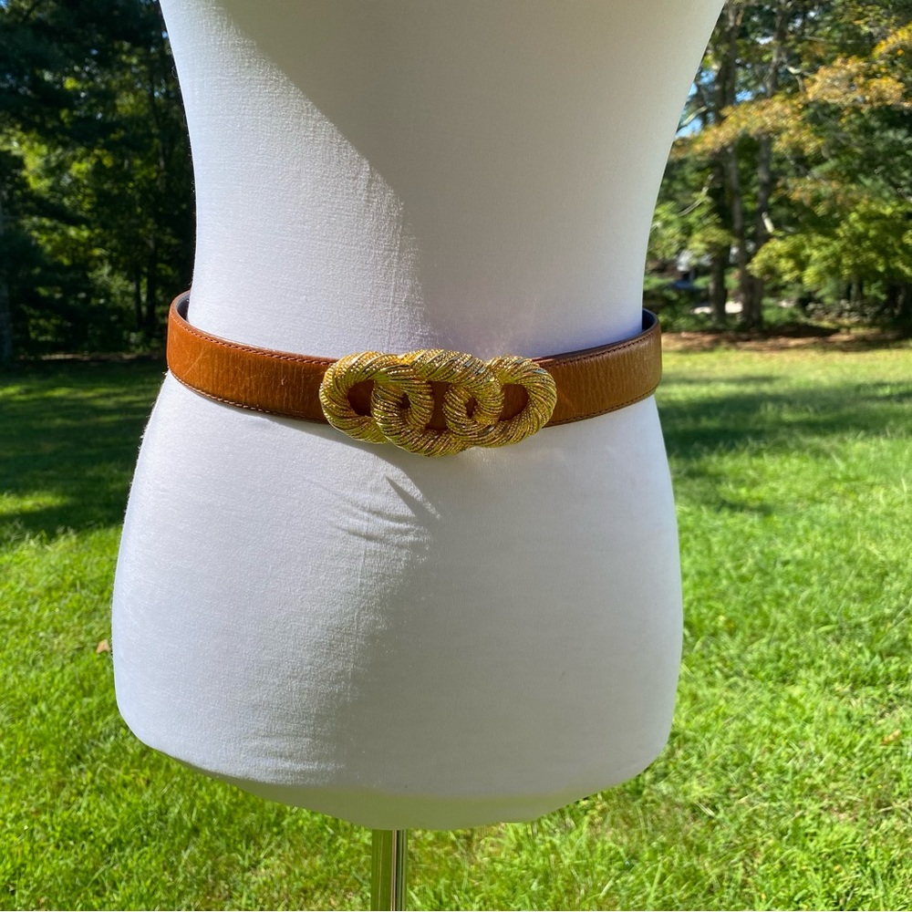 TALBOTS BELT BROWN LEATHER ACORN BRITISH TAN GOLD TONE RIBBED LOOPS BUCKLE SZ M